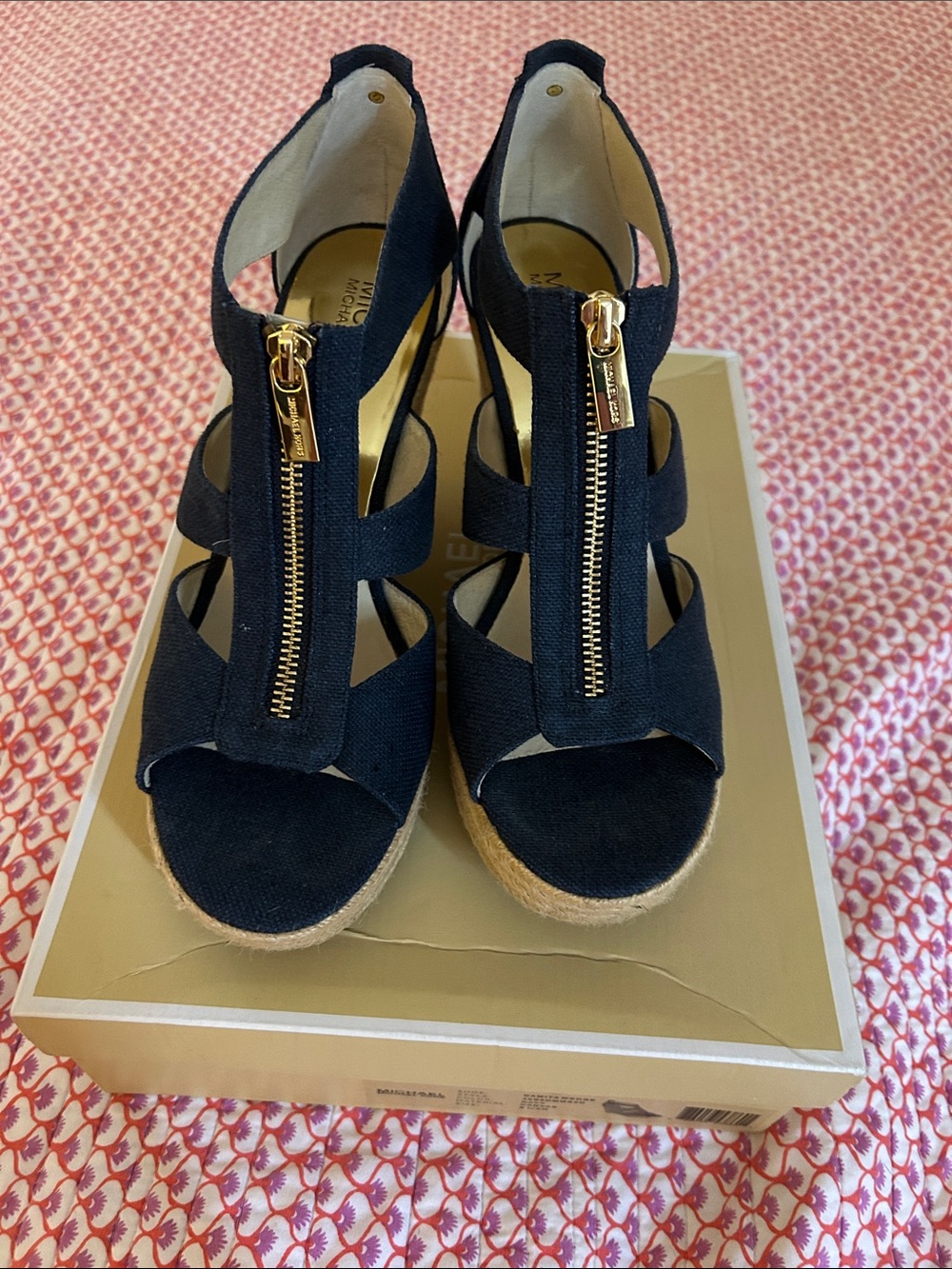 Michael Kors Navy Espadrille Wedge Sandals with Gold Zipper